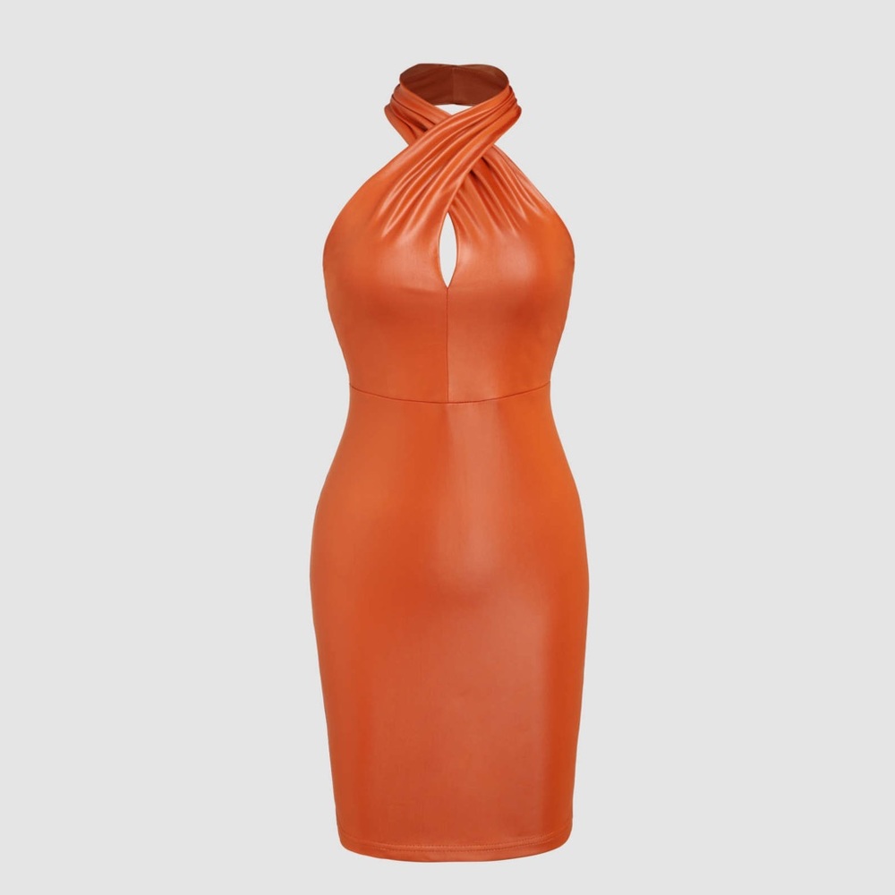 NWT Orange Faux Leather Halter Midi Dress